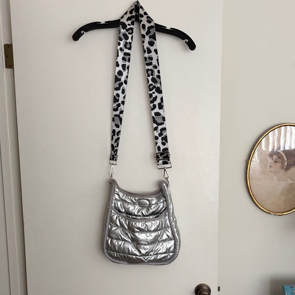Silver Quilted Crossbody Bag with Leopard Strap